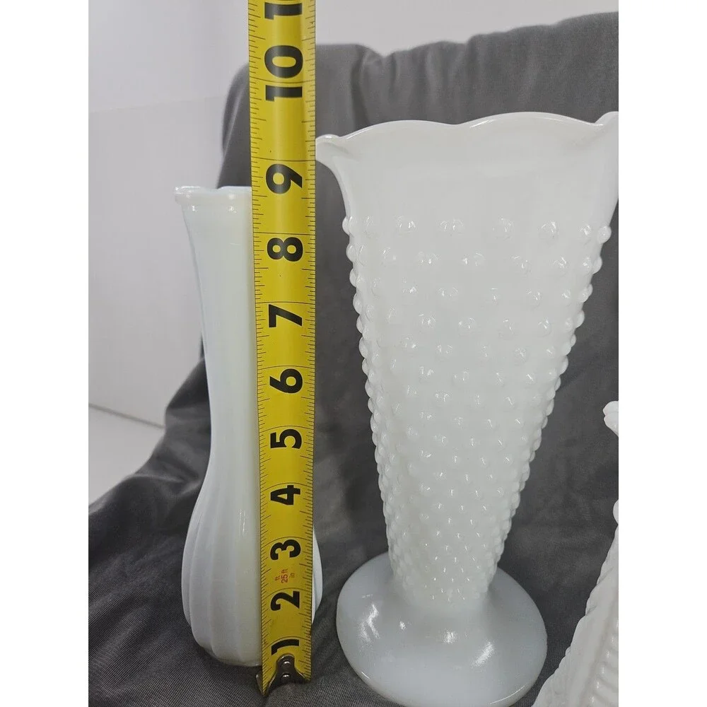 White Milk Glass Vase Lot‎ of 3 Vintage Hobnail Dots & Varied Lg, Small & Medium